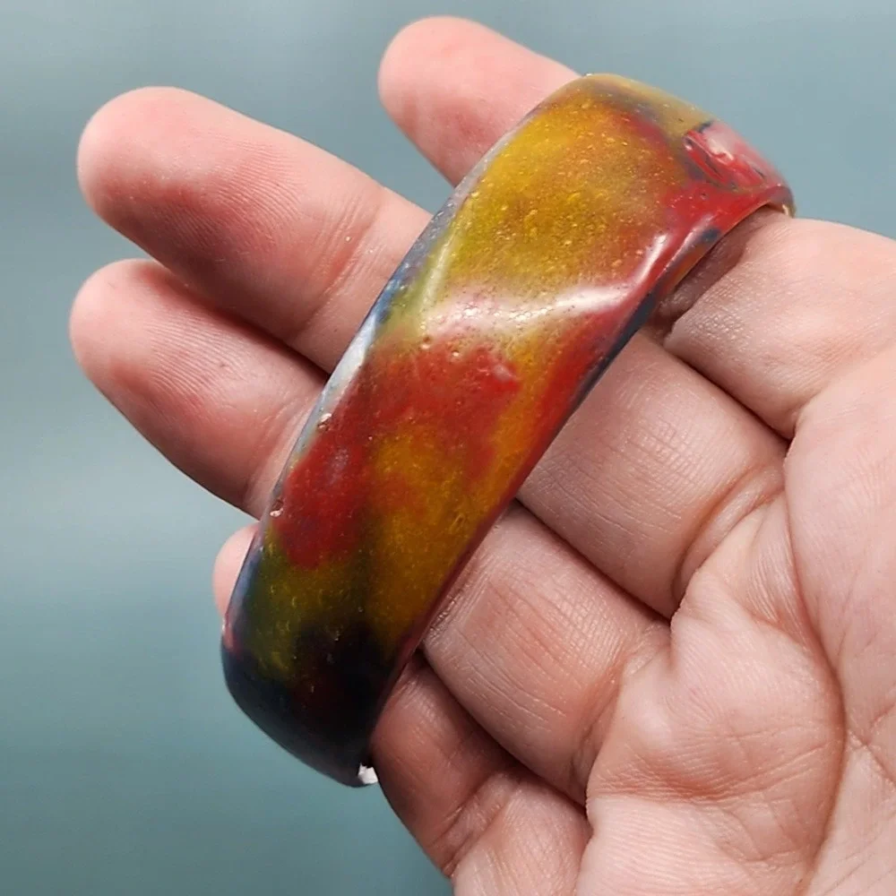 Multicolor Swirl Resin Wide Bangle Bracelet Red Amber Navy Chunky Statement